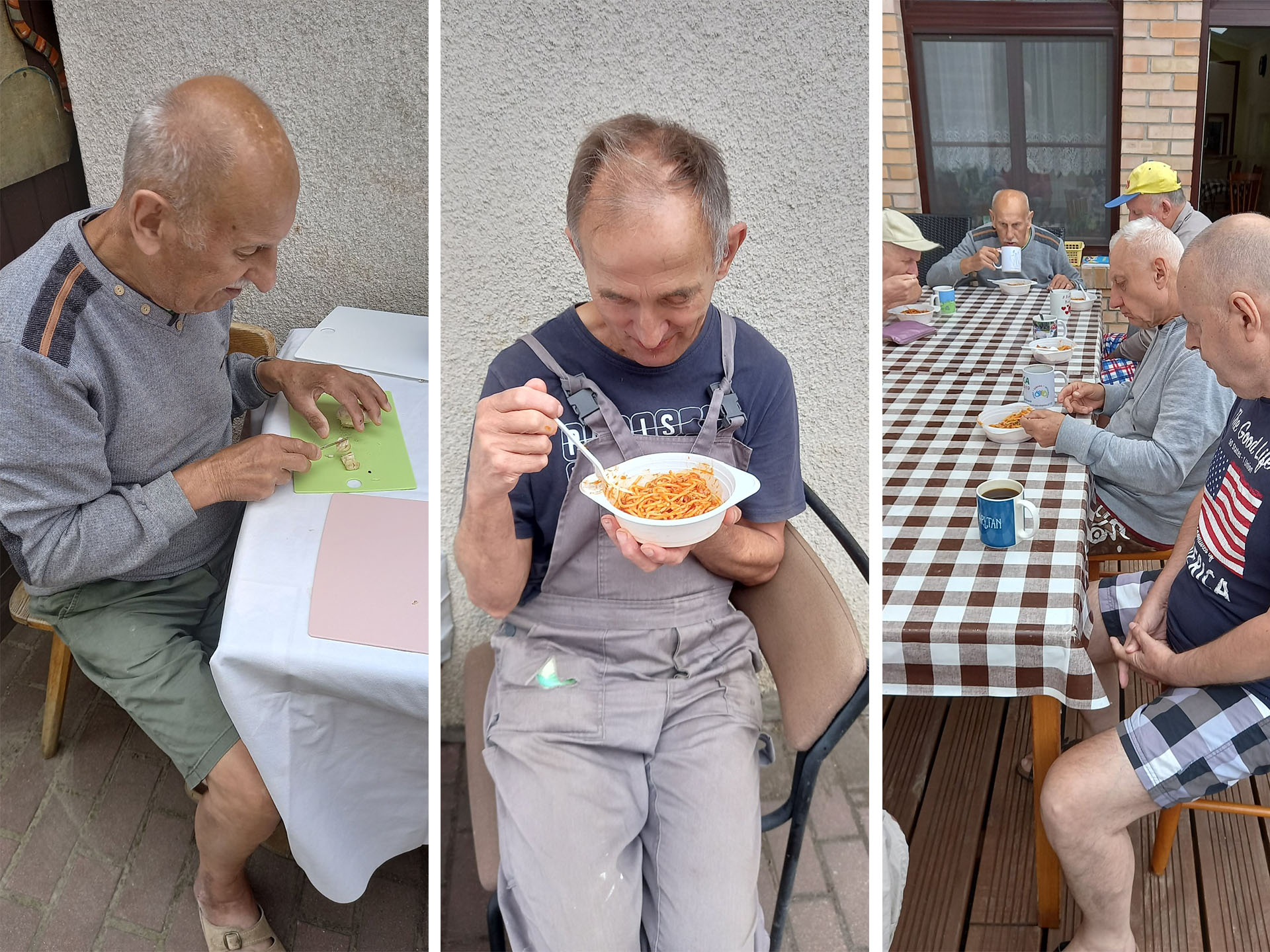 Trzy fotografie, od lewej mężczyzna co kroi cebulę przy stole, na środku mężczyzna je spaghetti, po prawej zdjęcie mężczyzn, którzy siedzą wspólnie przy stole spożywają spaghetti oraz piją kawę.