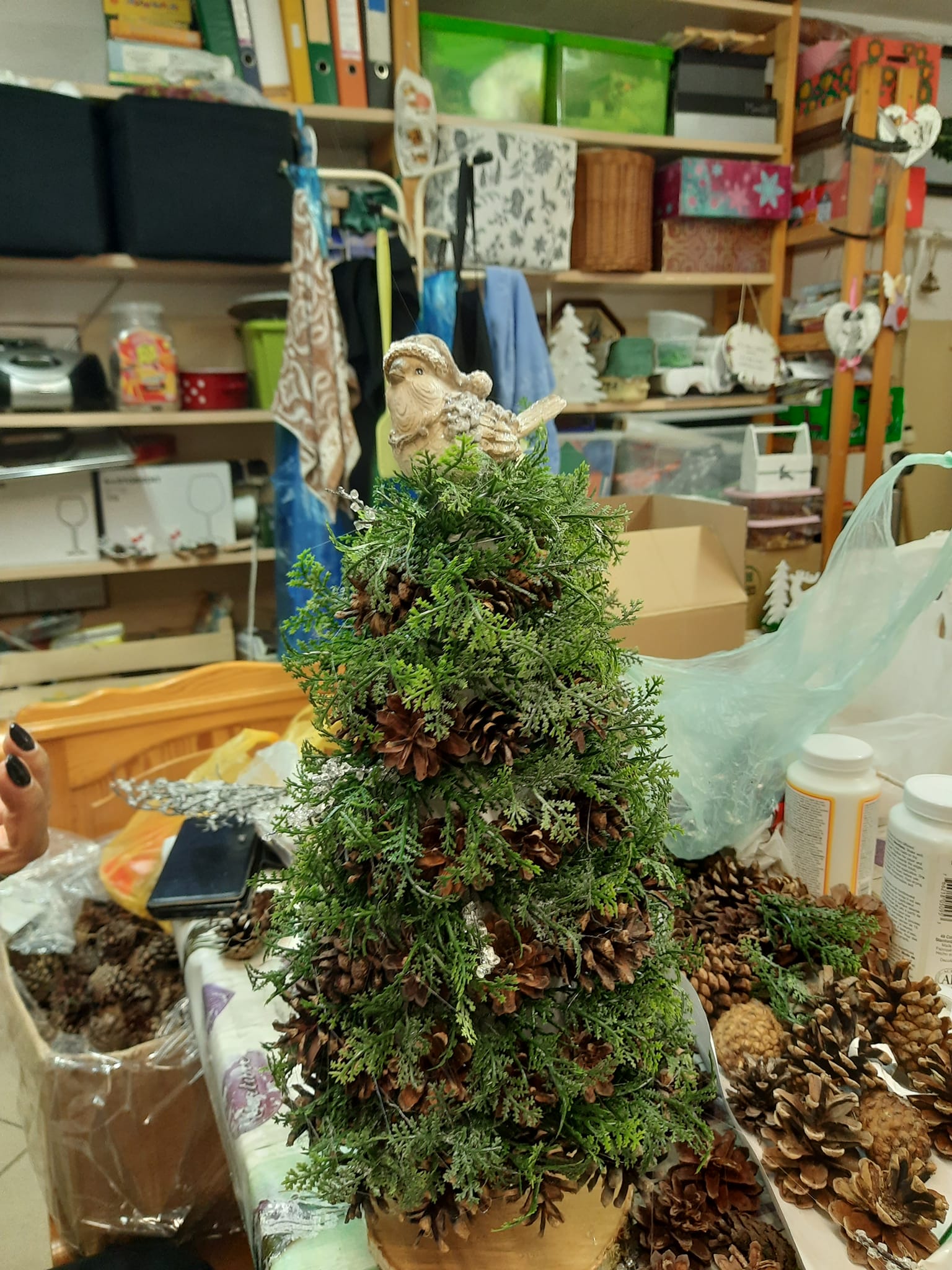 Zielona choinka wykonana z zielonych gałązek i szyszek, na czubku siedzi wróbel w świątecznej czerwonej czapce