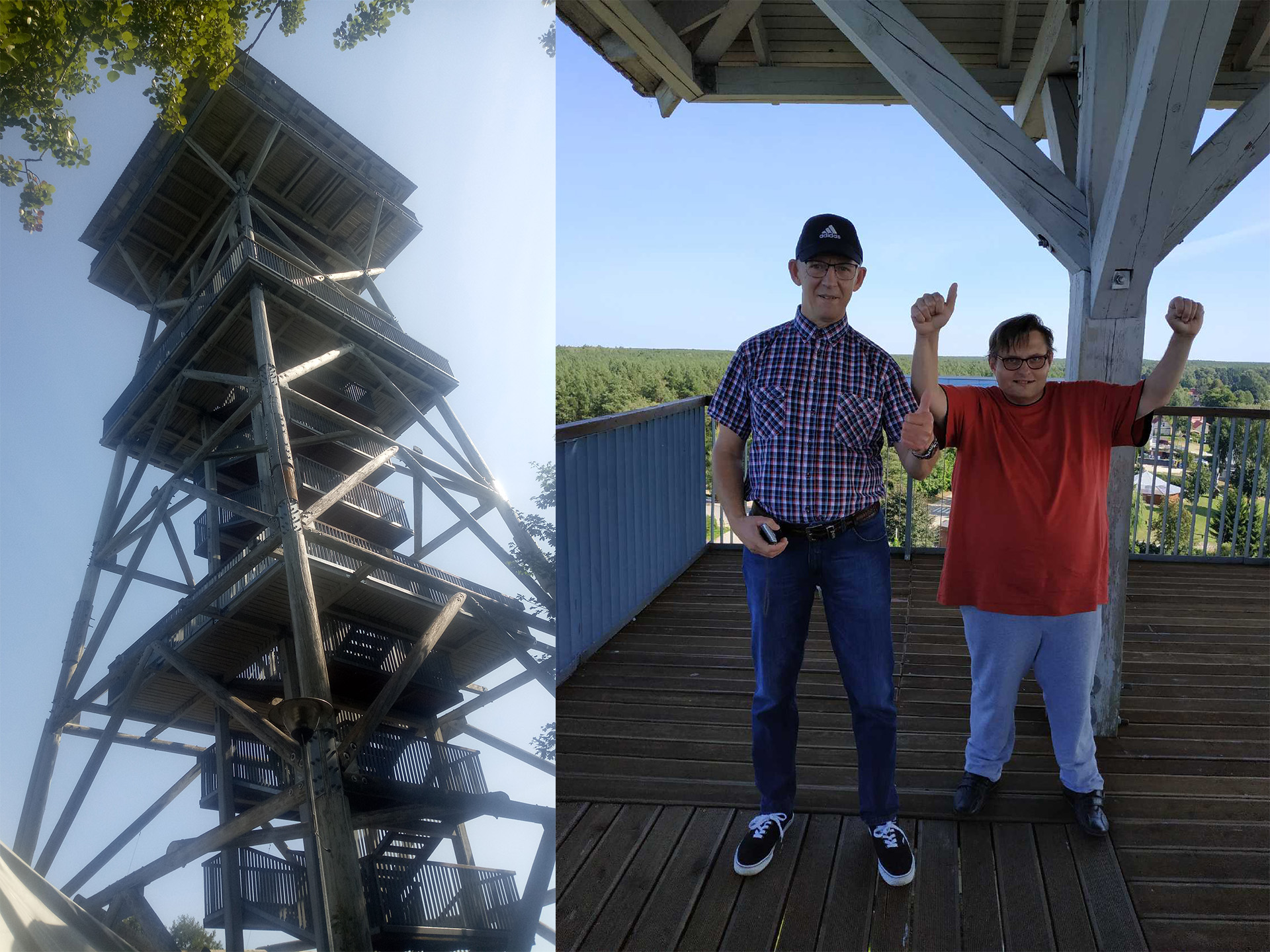 Dwa połączone zdjęcia. Po lewej stronie wielka drewniana wieża, po prawej na zdjęciu dwóch zadowolonych mieszkańców, którzy weszli na sam szczyt.