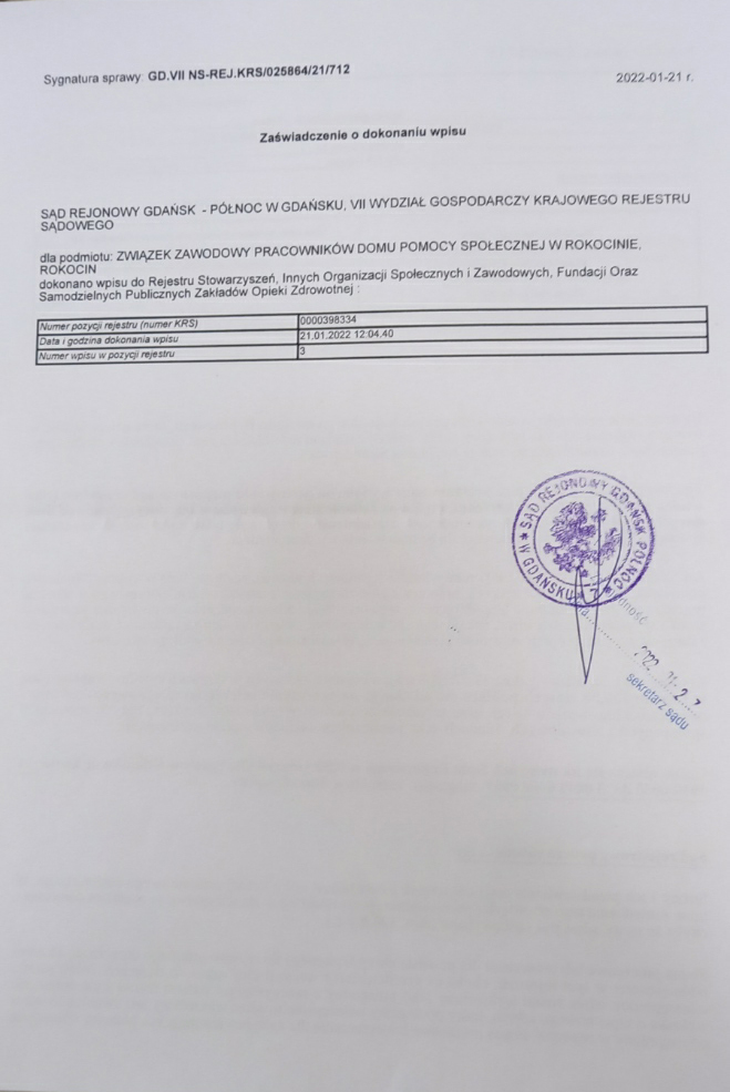 Dokument o rozwiązaniu związku zawodowego w DPS Rokocin