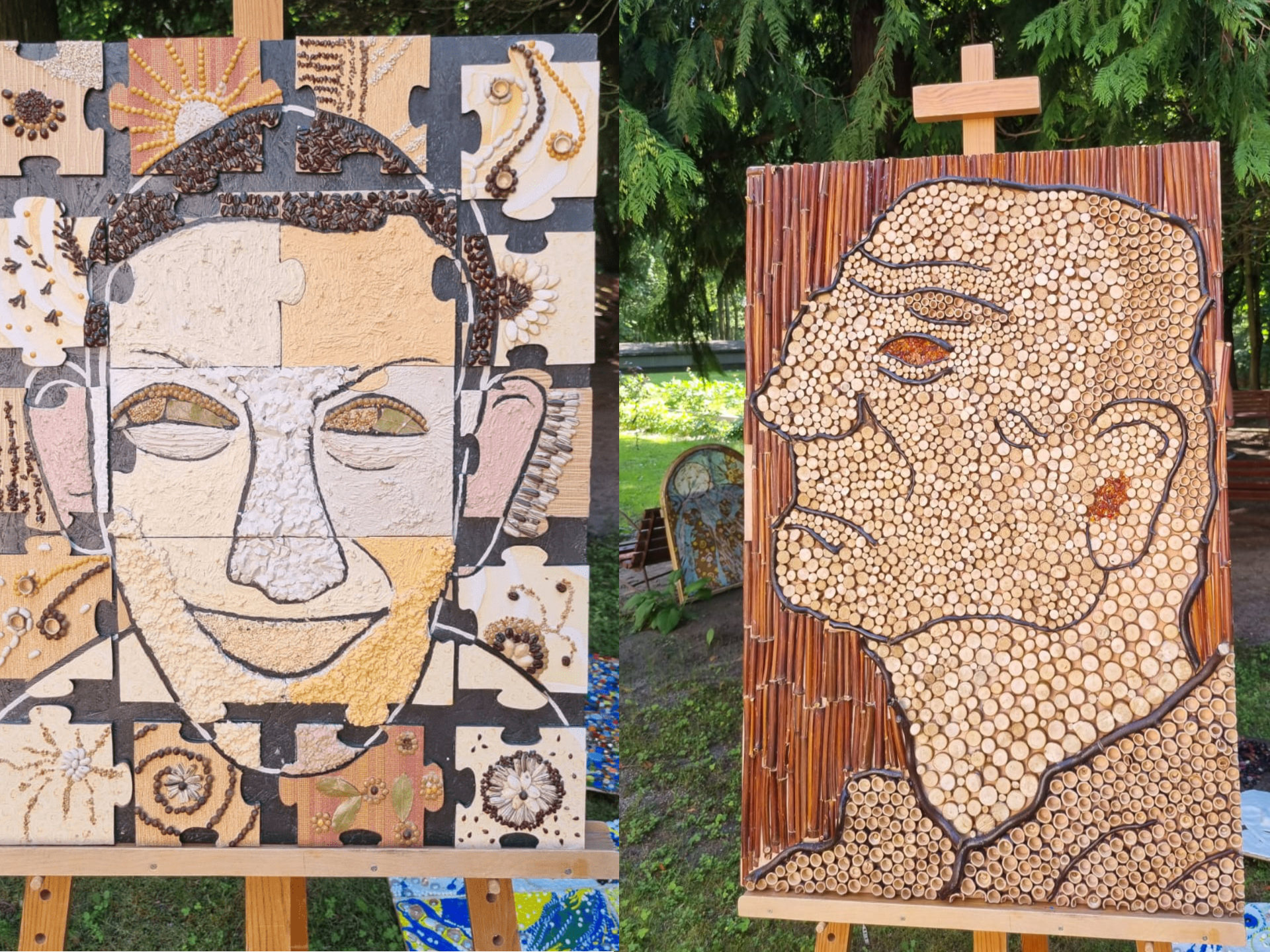 Dra obrazy na sztalugach, oba przedstawiają twarze mężczyzn, jednen z profilu drugi obraz z przodu. Wykonane z galęzi, drewna, kamyków, pestek.